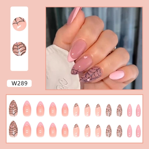 Unghie Finte A Mandorla Rosa French Tip Con Tela Di Ragno Nera E Cuore Tema Halloween Stile Punk Gotico Per Donne