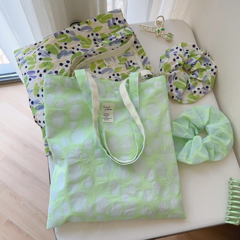 Damen Baumwolle Canvas Tote Bag Floral Polka Dot Gedruckt Große Kapazität Schulter Handtasche Mit Passenden Haarschmuck