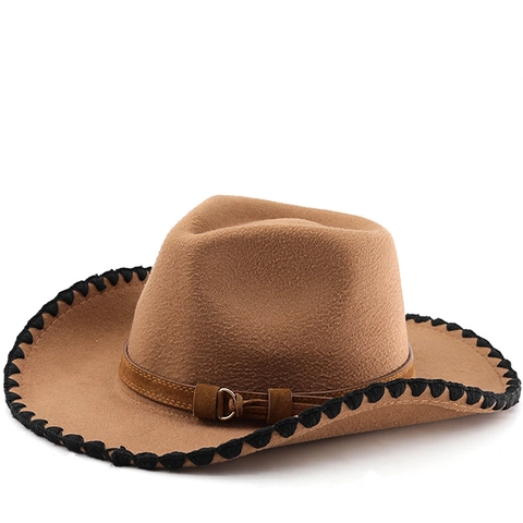 Retro Western Cowboy Hat Wide Curved Brim Cotton Polyester Felt Whipstitch Edge Belt Detail British Jazz Style
