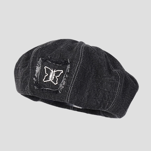 Denim Beret Hat For Women Retro Washed Cotton Butterfly Patch Sweet Vintage French Style Adjustable