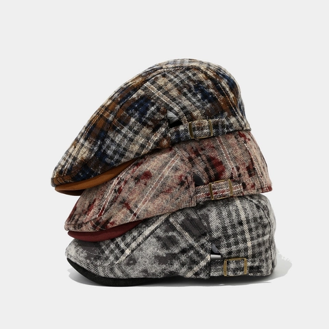 Retro Plaid Flat Cap British Vintage Adjustable Metal Buckle Cotton Tweed Patchwork Suede Brim Newsboy Hat For Men Women