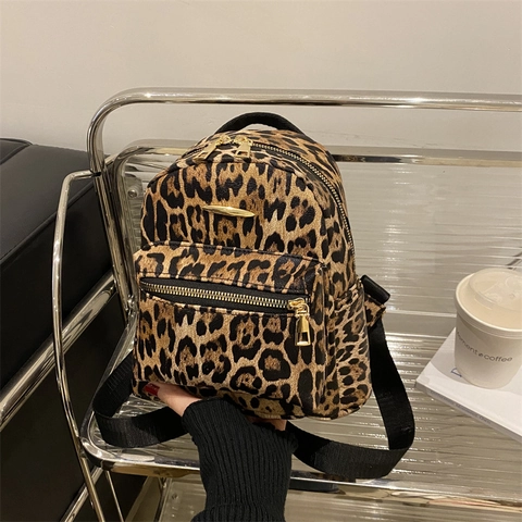 Fashion Leopard Print Mini Backpack PU Leather Small Schoolbag Gold Zipper For Women Girls Casual Travel Outing