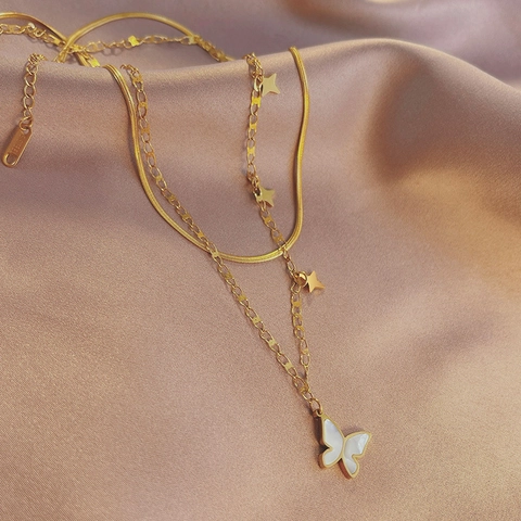Layered Stainless Steel Butterfly Star Necklace For Women Gold Double Layer Snake Chain Alloy Pendant Sweet Elegant Jewelry