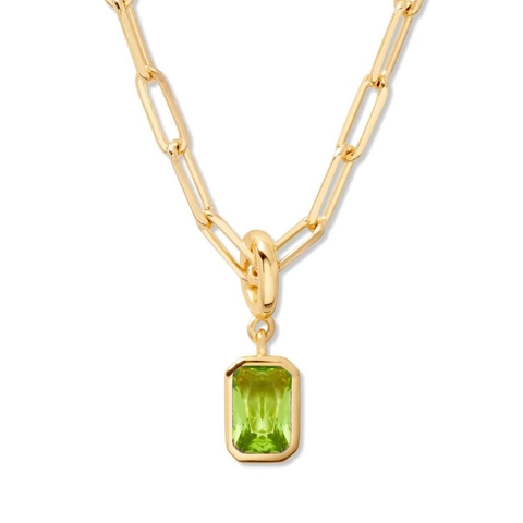Birthstone Necklace For Women 18K Gold Plated Titanium Steel Monthly Rectangle Emerald Cut Crystal Pendant Paperclip Chain
