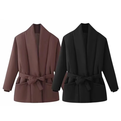 Chaqueta Acolchada Para Mujer Con Cinturón Cintura Con Cordón Abrigo De Algodón Cálido Invierno Color Sólido Solapa Informal
