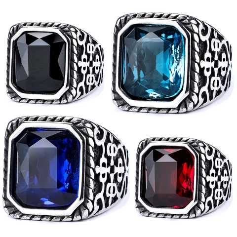 Men Retro Signet Ring 316L Stainless Steel With Rectangular Gemstone Gothic Punk Engraved Jewelry