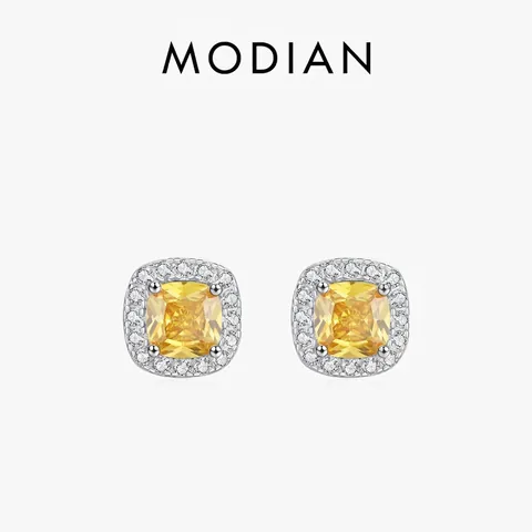 Pendientes De Botón Halo Plata De Ley 925 Circonita Amarilla Corte Cojín Cuadrado Joyería Elegante Mujer