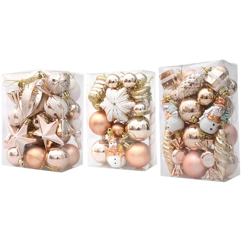 Addobbi Natalizi Appesi Albero Palle Plastica Champagne Oro Rosa Stelle Fiocchi Di Neve Pupazzo Di Neve Bastoncino Zucchero