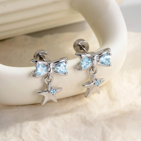 Strik Ster Hanger Oorkraakbeen Stud Blauw Hart Zirkonia Piercing Oorbel Roestvrij Staal Koper Schroefsluiting Sieraden