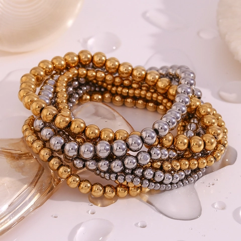 Pulsera De Cuentas Elástica De Acero Inoxidable Chapado En Oro Impermeable Minimalista Retro Joyas Apilables Para Mujeres Hombres