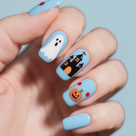 Uñas Postizas De Halloween Presión Plástico ABS Diseños Fantasma Calabaza Castillo Azul Claro Cuadrado Manicura DIY Mujer