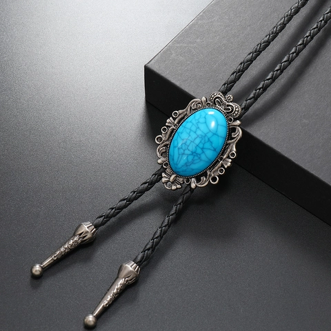 Retro Punk Türkis Blumen Anhänger Bolo Tie Für Herren Damen Antik Silber Bronze Western Cowboy Geflochtenes Seil Verstellbare Halskette Schmuck