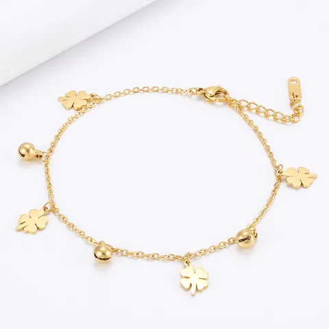 Tobillera De Acero De Titanio Con Trébol De Cuatro Hojas Colgante De Campana De La Suerte Cadena De Extensión Ajustable Joyería Elegante Para Mujer