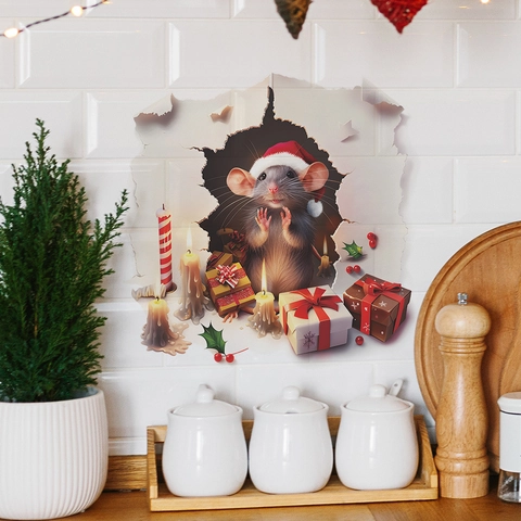 Weihnachts 3D Wandaufkleber PVC Cartoon Maus Weihnachtsmannmütze Geschenkbox Wandloch Design Festliches Dekor