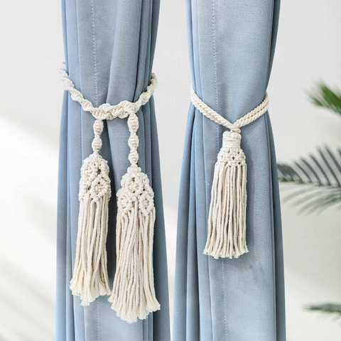 Handmade Woven Cotton Rope Curtain Tiebacks Macrame Tassels Bohemian Drapery Holdbacks Decorative Window Accessory