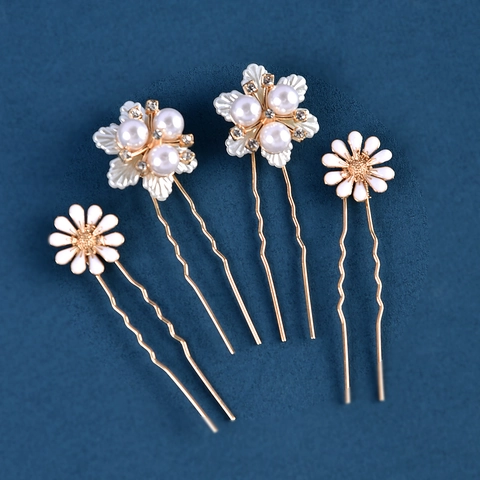 Handmade Artificial Pearl Rhinestone Flower Hair Pins Bridal Wedding U-Shaped Hair Sticks Alloy Daisy Accessories For Women Elegant