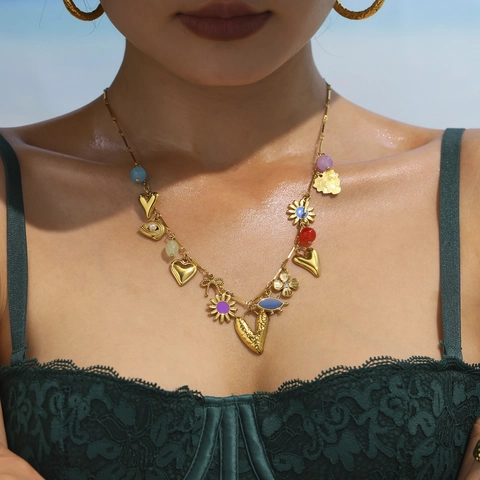 Collana In Acciaio Inossidabile Con Ciondoli Cuore Agata Sole E Occhio Stile Bohémien Placcato Oro Per Gioielli Da Spiaggia Estivi