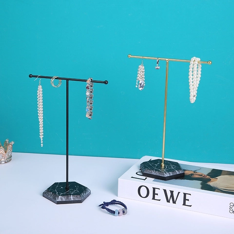 T-Bar Jewelry Display Stand Metal Iron Rack Hexagonal Marble Pattern Base Necklace Earring Storage Desktop Organizer