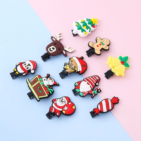 Christmas Hair Clips Soft PVC Rubber Cartoon Santa Reindeer Snowman Gingerbread Man Penguin Festive Accessories Kids Girls