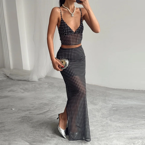 Top Crop In Rete Con Stampa A Pois E Gonna Lunga Streetwear Completo Senza Maniche Trasparente Alla Moda Per Donna