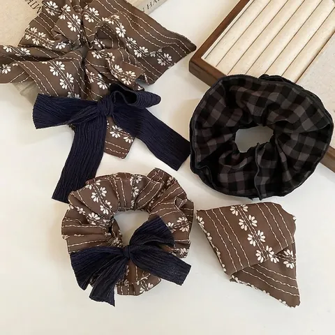 Coletero De Tela Con Estampado Floral Y Cuadros Elegante Lazo Elástico Para Coleta Accesorio Para El Pelo Estilo Coreano