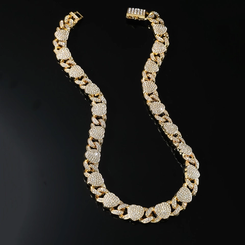 Collana Catena Cuban Link Cuore Iced Out Hip Hop Gioielli Lega Strass Uomini Brillante Punk