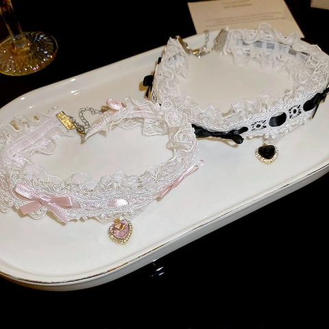 Κολιέ Choker Με Δαντέλα Και Κρεμαστό Καρδιά Με Στρας Φιόγκο Γλυκό Στυλ Lolita Αξεσουάρ Για Γυναίκες