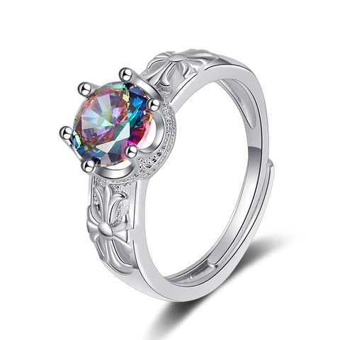 Anello Aperto in Rame Regolabile Vintage Con Zirconia Rotonda Iridescente Motivo a Croce Finitura Antica Gioielli Moda Donna