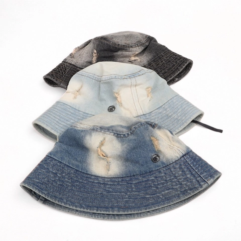 Cappello Alla Pescatora In Denim Lavato Con Fori Consumati Stile Street Vintage Protezione Solare Casual Per Donna