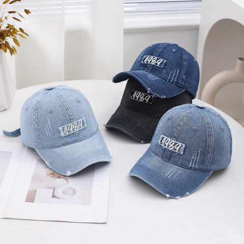 Vintage Washed Cotton Denim Baseball Cap Distressed Embroidered Adjustable Soft Top Sun Hat For Women Men