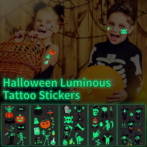 Halloween Luminous Tattoo Stickers Night Glow Fluorescent Waterproof Cartoon Face Body Decals For Kids Party