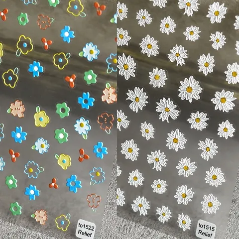 3D Geprägte Nagelkunst Aufkleber Weiße Gänseblümchen Bunte Blumenmuster Selbstklebende Maniküre Dekoration