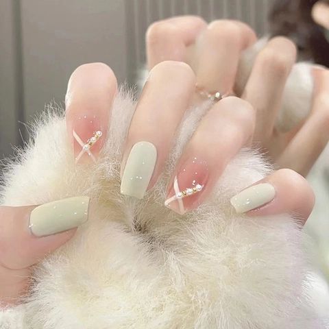 Press On Nails Long Square Oval Artificial Pearl Bead Ribbon Decor Mint Green Pink Sweet Elegant Artificial Fake Nails For Women