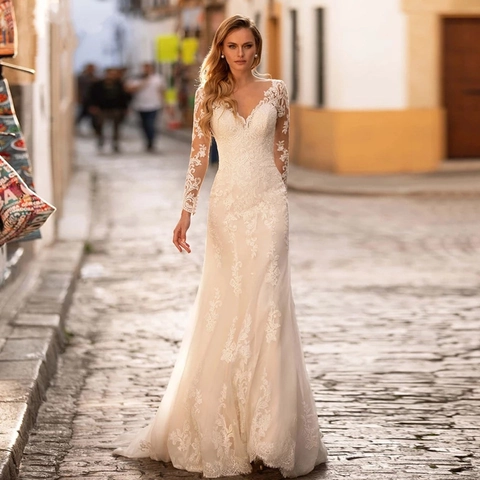 Abito Da Sposa Elegante In Pizzo A Maniche Lunghe Scollo A V Profondo Schiena Scoperta Tulle Piccola Coda Donne