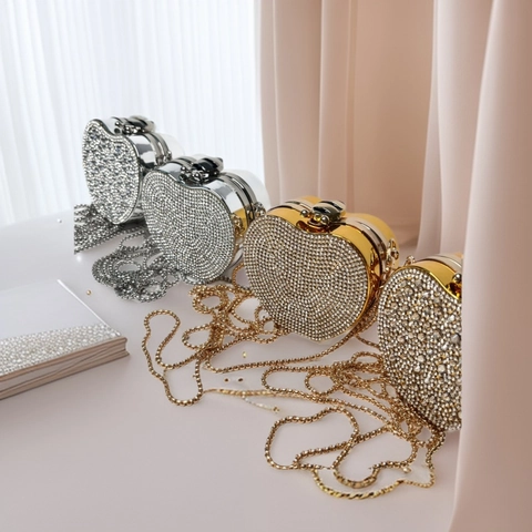 Mini Evening Bag Full Rhinestone Heart Shape Luxury Crystal Clutch With Detachable Metal Chain For Party Wedding Women