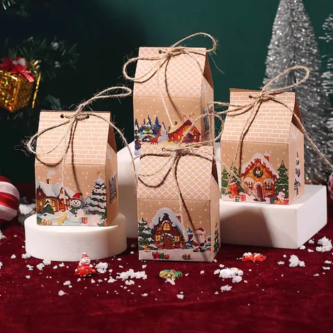 Weihnachten Hausform Kraftpapier Geschenkschachteln Hanfseil Verschluss Faltbare Süßigkeiten Verpackung Party