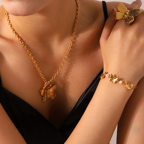 Collana Pendente Farfalla In Acciaio Inossidabile Placcato Oro Chiusura OT Con Künstliche Perle Gioielli Stile Retro Per Donne