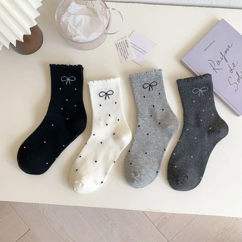 Women Cotton Crew Socks Bow Polka Dot Lettuce Edge Breathable Japanese Style Soft Sweet