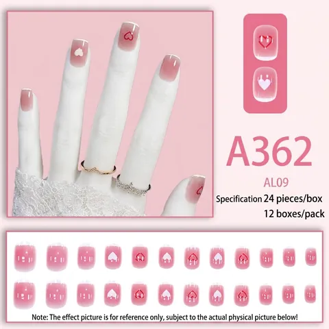 French Heart Press On Nails Translucent Pink Gradient Short Square Round Plastic Glossy Detachable False Nail Tips