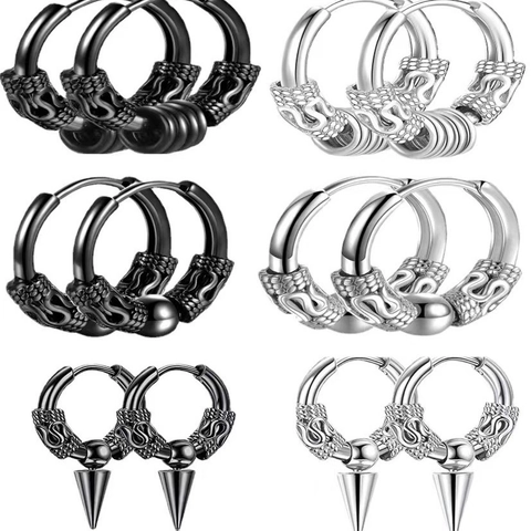 Stainless Steel Hoop Earrings Punk Gothic Dragon Scale Pattern Ear Buckle Spike Cone Bead Ring Unisex Fashion Jewelry