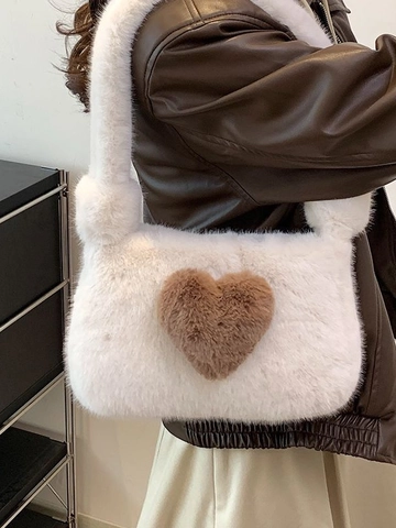 Women Plush Underarm Bag Faux Fur Heart Pattern Shoulder Handbag Fall Winter Sweet Aesthetic Baguette Bag For Girls