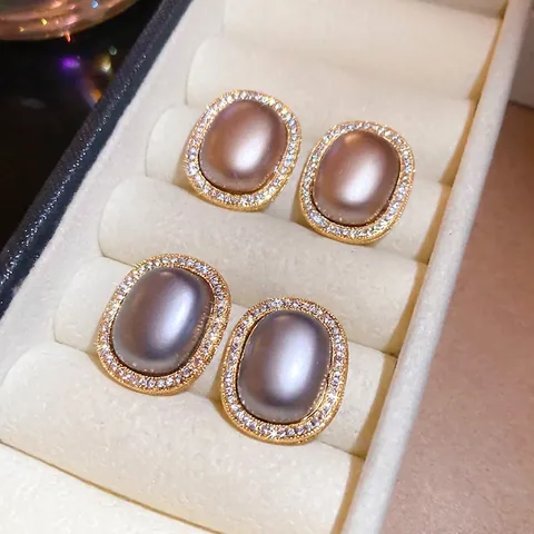 Pendientes De Botón Ovalados Vintage Francés Con Circón Perla Artificial De Imitación Y Poste De Plata Joyas Elegantes Chapadas En Oro Mujer