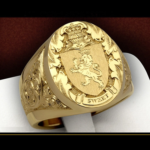 Bague Chevalière Lion Bouclier Couronne Pour Hommes Cuivre Plaqué Or Héraldique Royal Sweet Gravée