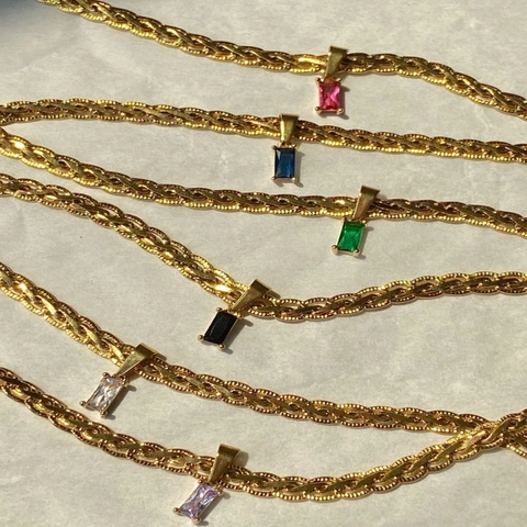 Vintage Rectangle Colorful Zircon Pendant Necklace 18K Gold Plated Brass Braided Chain Jewelry For Women