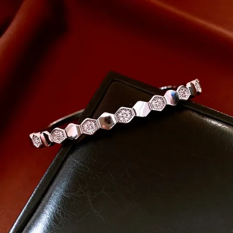 Geometric Hexagon Honeycomb Bracelet Copper With Zircon Micro Pave Silver Tone Minimalist Luxury Bangle For Women