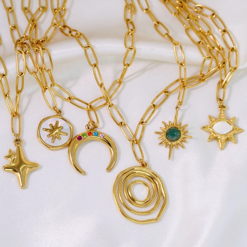 Collar Con Colgante Acero Inoxidable Chapado En Oro 14K Concha Piedra Natural Cadena Clip Estrella Luna Para Mujer