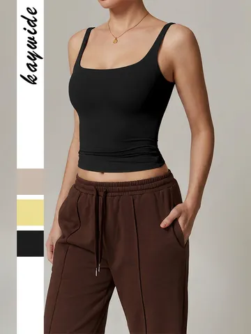 Women Square Neck Tank Top Slim Fit Cropped Polyamide Elastane Solid Color Yoga Camisole Y2K Sexy Casual