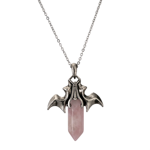 Bat Wing Pendant Necklace Natural Hexagonal Pillar Crystal Stone Copper Alloy Gothic Retro Jewelry For Women Men