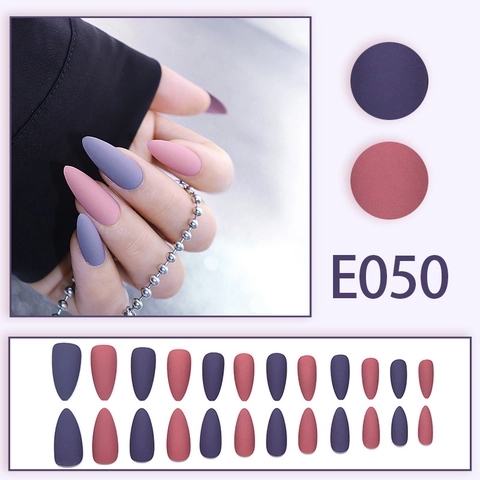 Matte Mandel Künstliche Nägel Lang Kontrast Lila Rosa Vollabdeckung Kunstnägel Mit Kleber Für Frauen