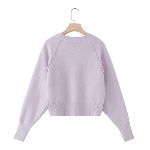 Women Knitted Cardigan Crew Neck Long Sleeve Button Up Light Purple Solid Color Sweet Casual Soft Polyester Blend Outerwear